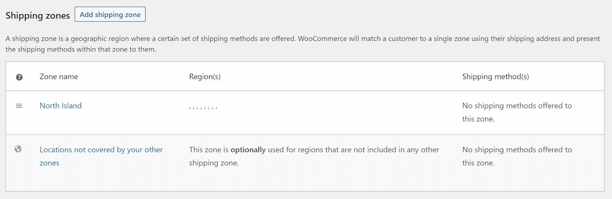 Screenshot of zone regions missing after updating to WooCommerce 7.1.0