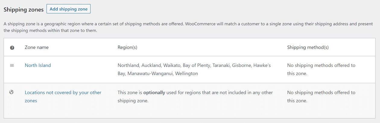 Screenshot of zone regions configured prior to updating to WooCommerce 7.1.0